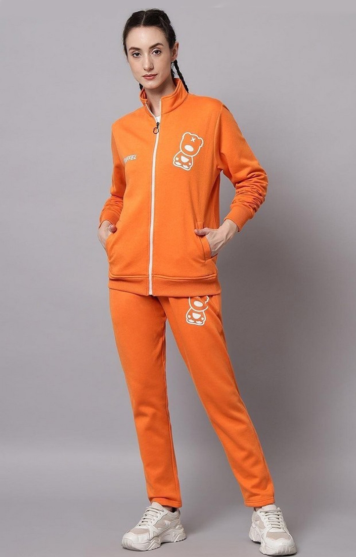 GRIFFEL | Women Color Blocked Fleece Zipper Neck Sweatshirt and Joggers Full set Orange Tracksuit