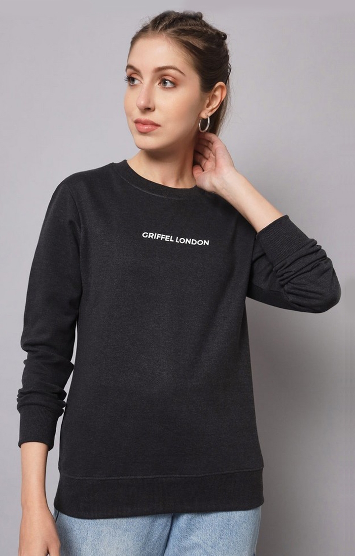 Women’s Printed Round Neck Anthra Cotton Fleece Full Sleeve Sweatshirt