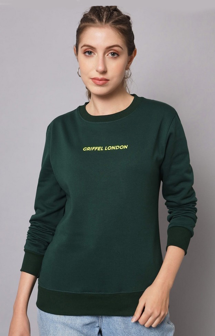 Women’s Printed Round Neck Bottle Green Cotton Fleece Full Sleeve Sweatshirt