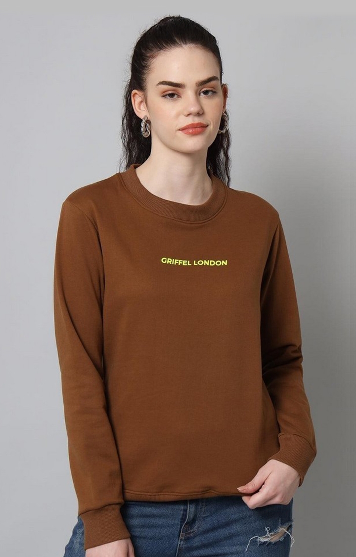 GRIFFEL | Women’s Printed Round Neck Coffee Cotton Fleece Full Sleeve Sweatshirt