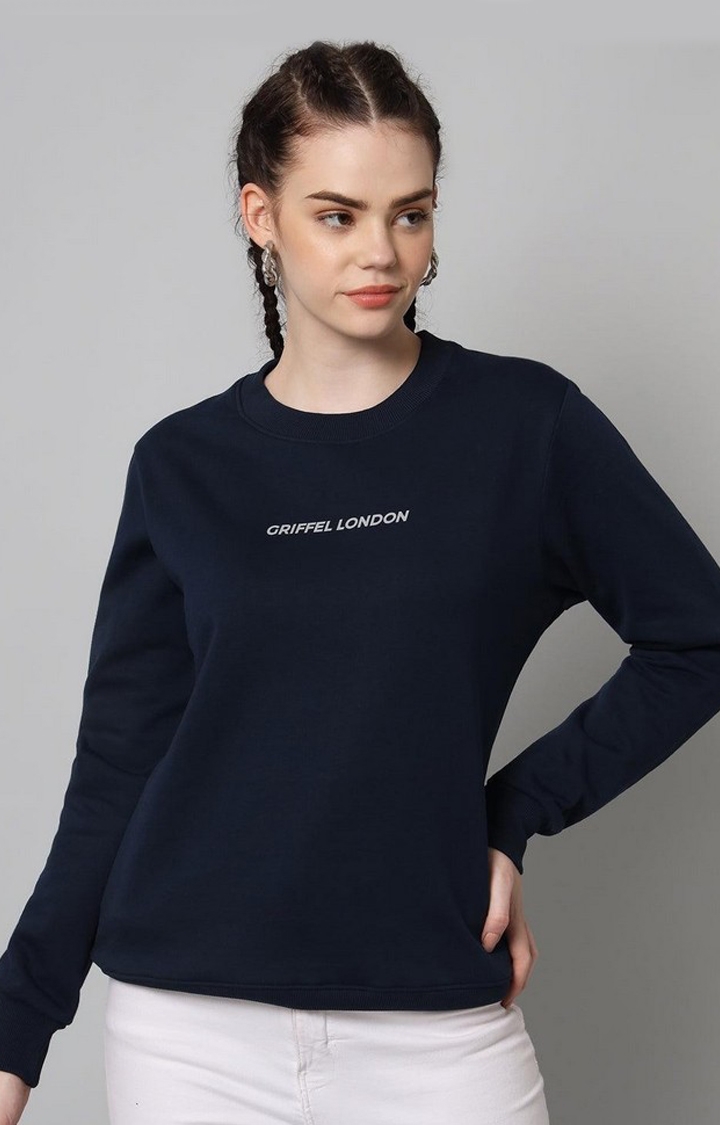 GRIFFEL | Women’s Printed Round Neck Navy Cotton Fleece Full Sleeve Sweatshirt