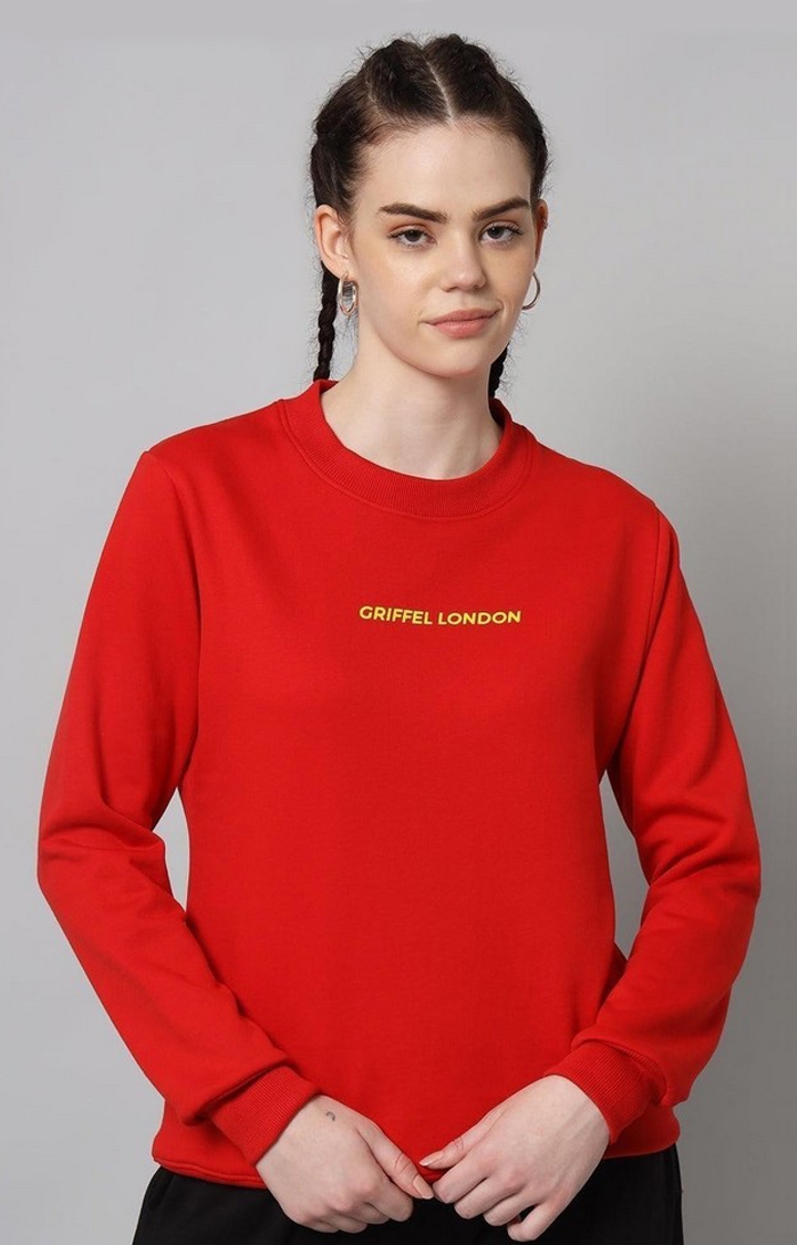 GRIFFEL | Women’s Printed Round Neck Red Cotton Fleece Full Sleeve Sweatshirt