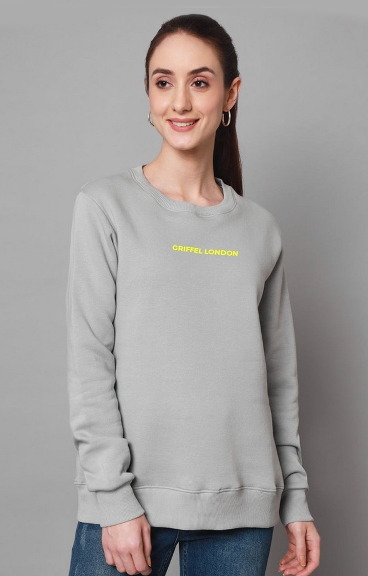GRIFFEL | Women’s Printed Round Neck Steel Grey Cotton Fleece Full Sleeve Sweatshirt