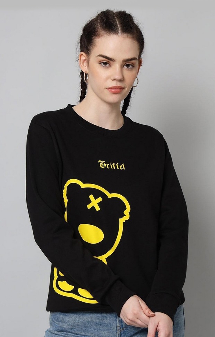 GRIFFEL | Women’s Teddy Print Round Neck Mustard Black Cotton Fleece Full Sleeve Sweatshirt