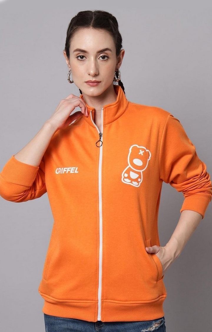 GRIFFEL | Women’s Cotton Fleece Full Sleeve Orange Zipper Color Blocked Sweatshirt