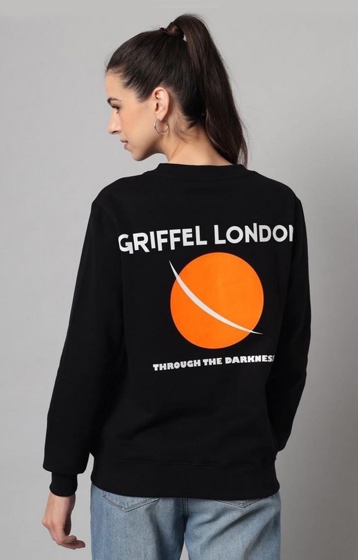 GRIFFEL | Women’s Printed Round Neck Black Cotton Fleece Full Sleeve Sweatshirt