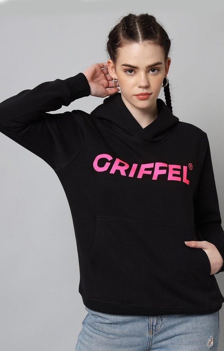 GRIFFEL | Women’s Cotton Fleece Full Sleeve Hoodie Black Printed Sweatshirt