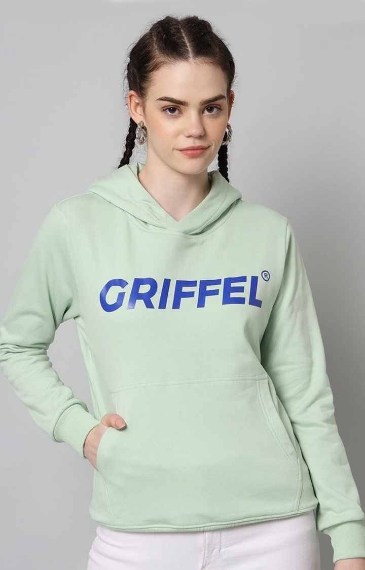 GRIFFEL | Women’s Cotton Fleece Full Sleeve Hoodie Sea Green Printed Sweatshirt