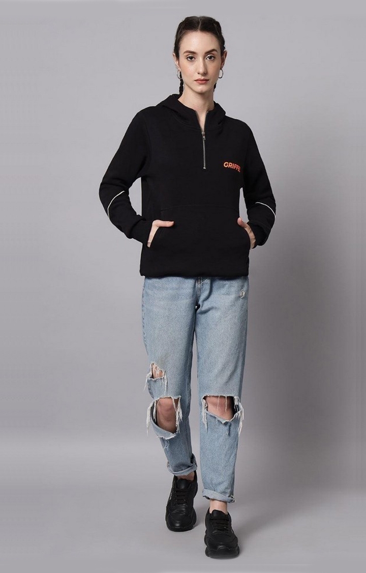 Women's Cotton Fleece Full Sleeve Hoodie Black Half Zip Sweatshirt