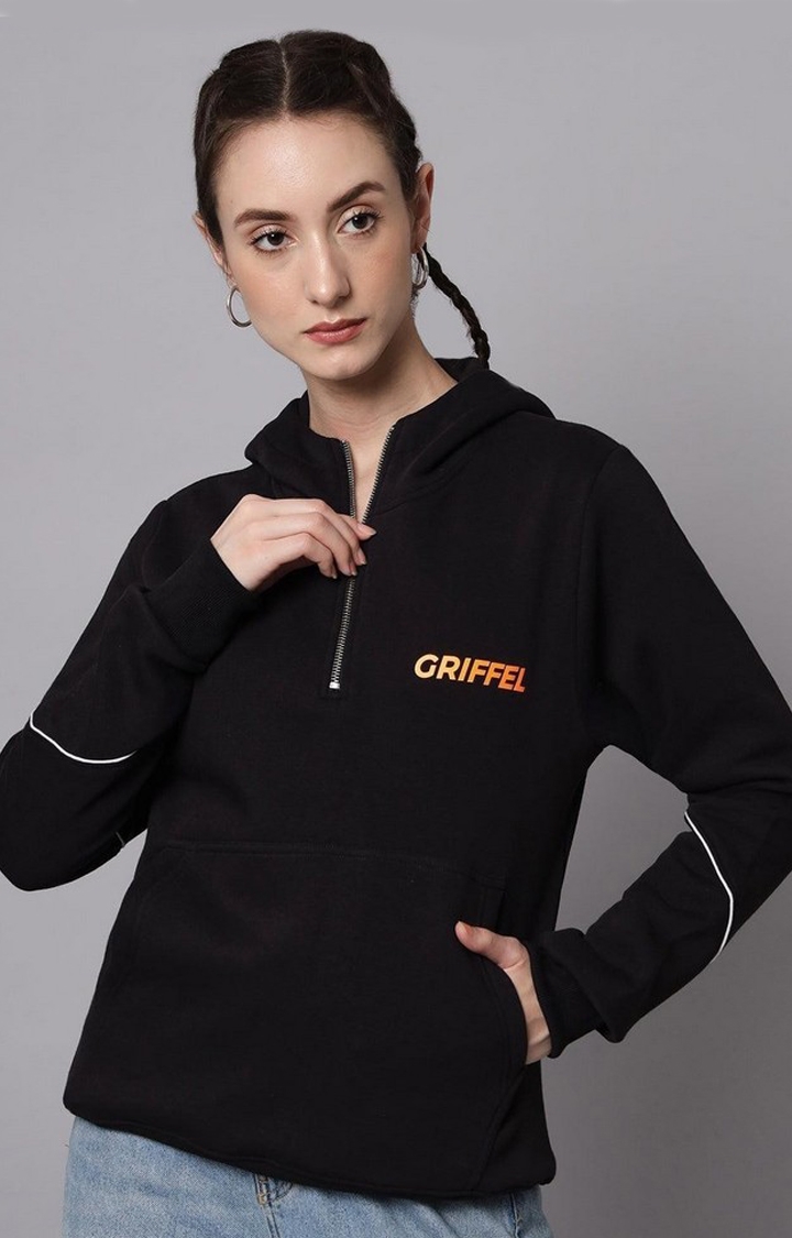 GRIFFEL | Women’s Cotton Fleece Full Sleeve Hoodie Black Half Zip Sweatshirt