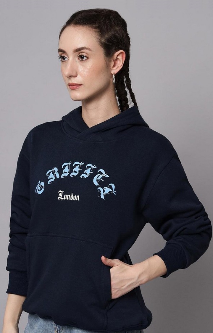 Women's Navy Blue Typographic Hoodies