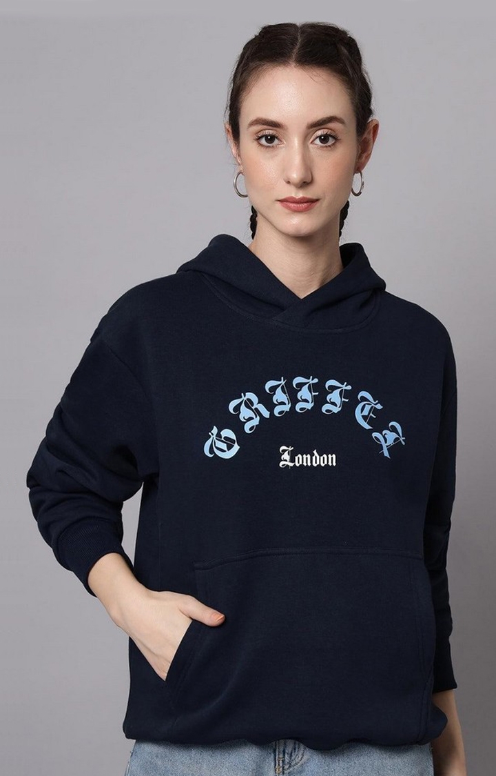 Women's Navy Blue Typographic Hoodies