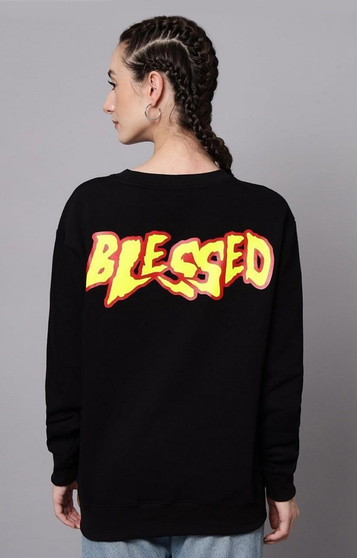 GRIFFEL | Women’s Printed Round Neck Black Cotton Fleece Full Sleeve Sweatshirt