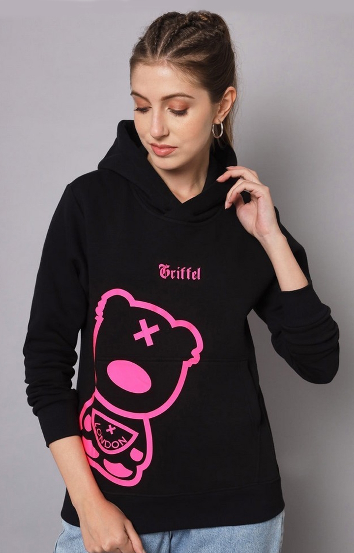 GRIFFEL | Women’s Cotton Fleece Full Sleeve Black Teddy Hoodie Sweatshirt