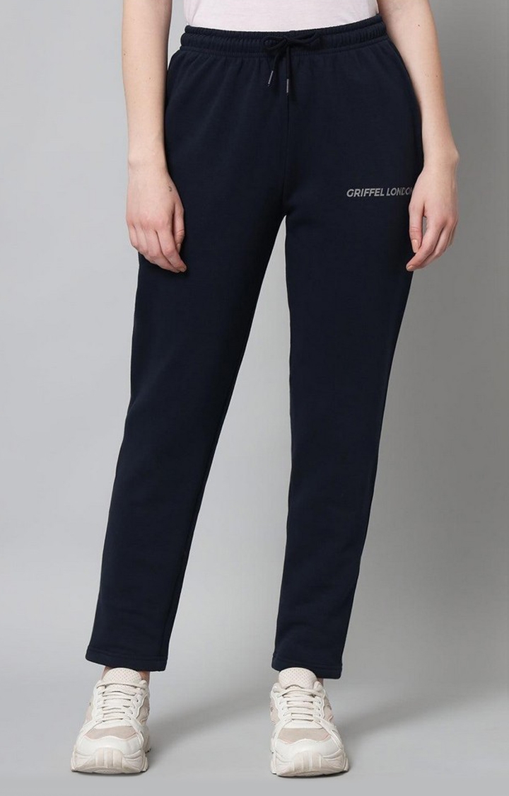 GRIFFEL | Women's Blue Cotton Solid Trackpants