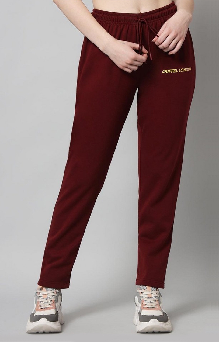 Women's Red Cotton Solid Trackpants