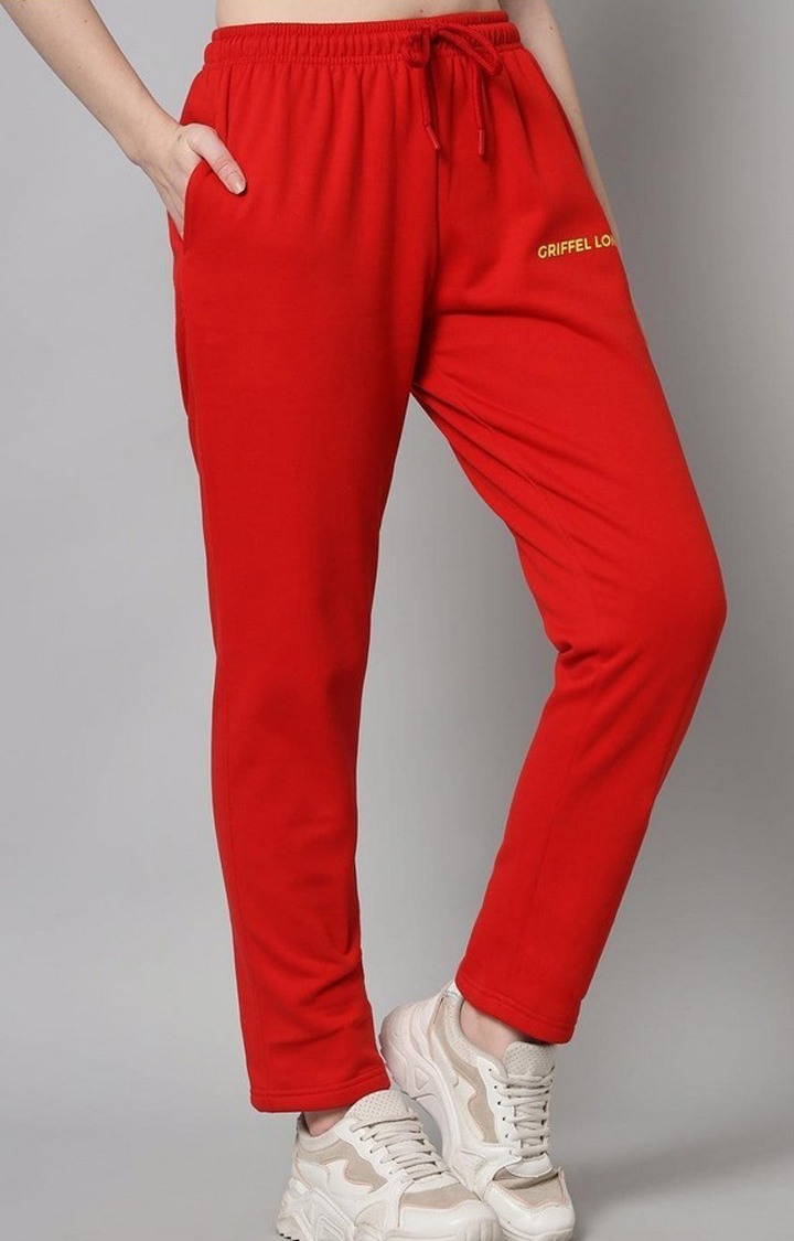Women's Red Solid Trackpants