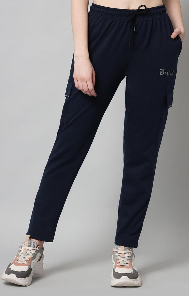 GRIFFEL | Women's Blue Fleece Solid Trackpants