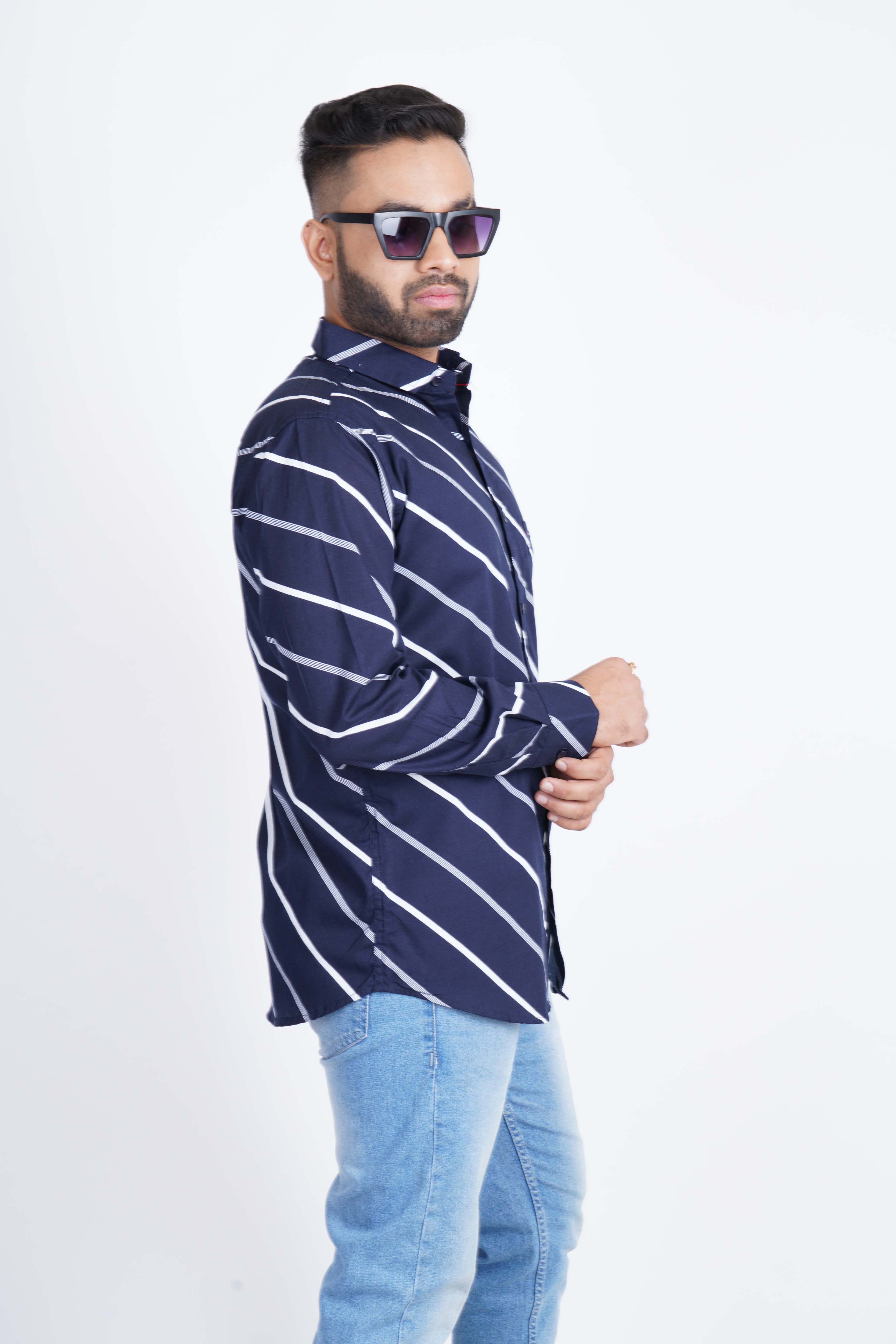 Navy Blue Cross Thick Strips Pure Cotton Softy Shirt