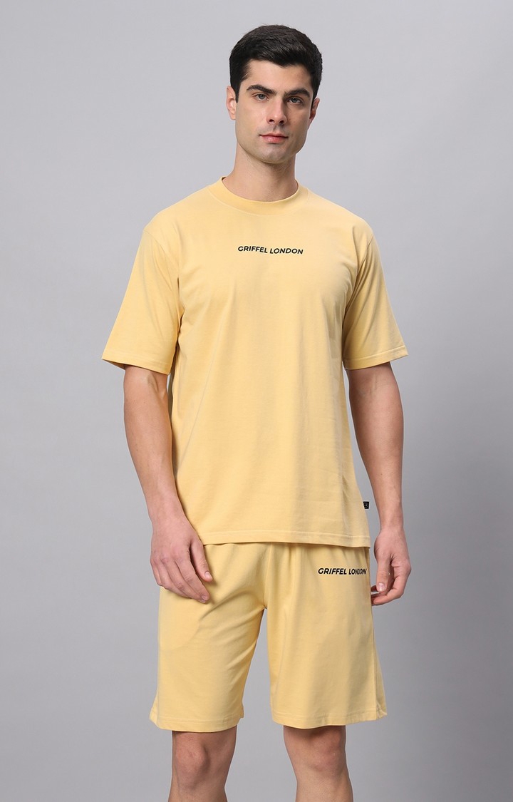 Men's Yellow Cotton Loose Printed   Co-ords