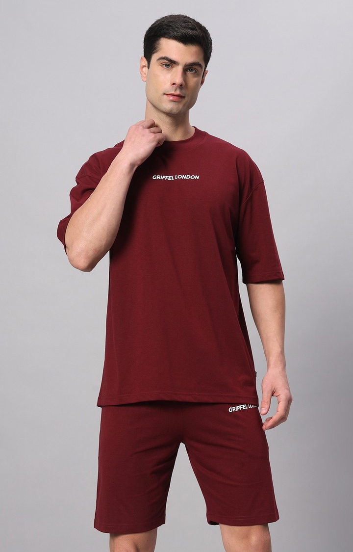 GRIFFEL | Men's Maroon Cotton Loose Printed   Co-ords