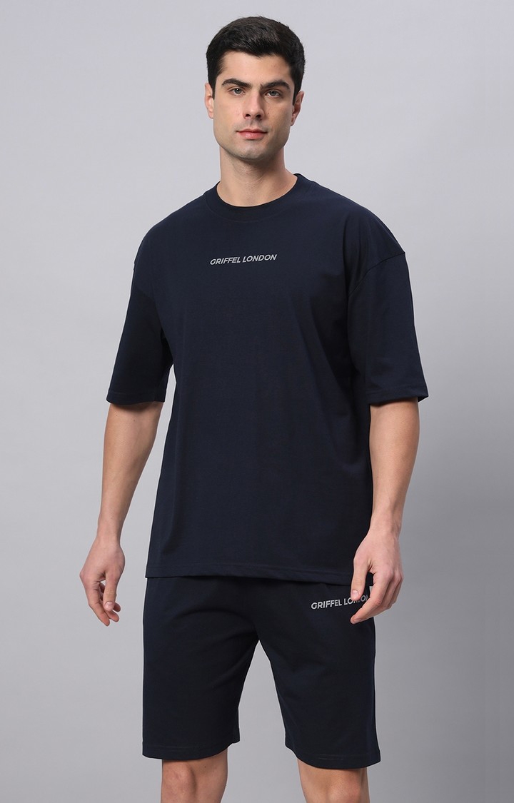 GRIFFEL | Men's Navy  Cotton Loose Printed   Co-ords