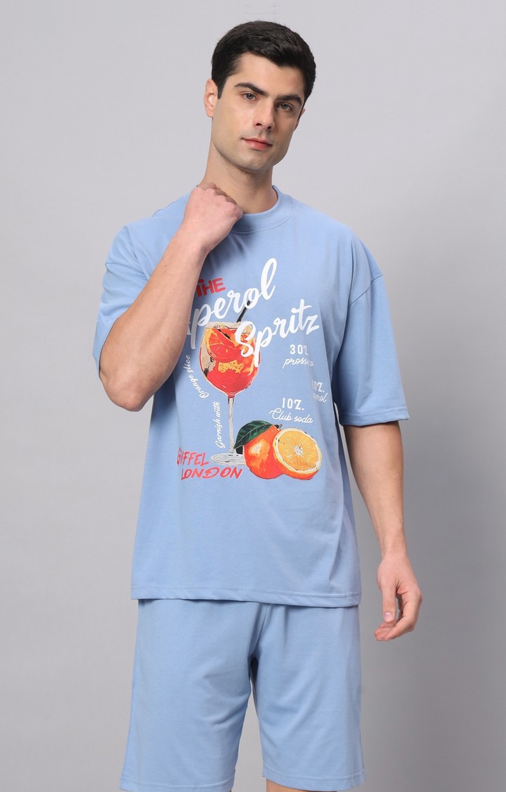 Men's Blue Cotton Loose Printed   Co-ords