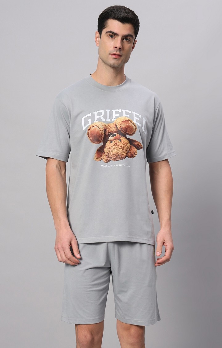 GRIFFEL | Men's Grey Cotton Loose Printed   Co-ords