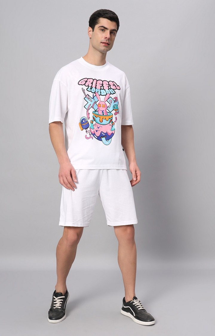 Men's White Printed Co-ords