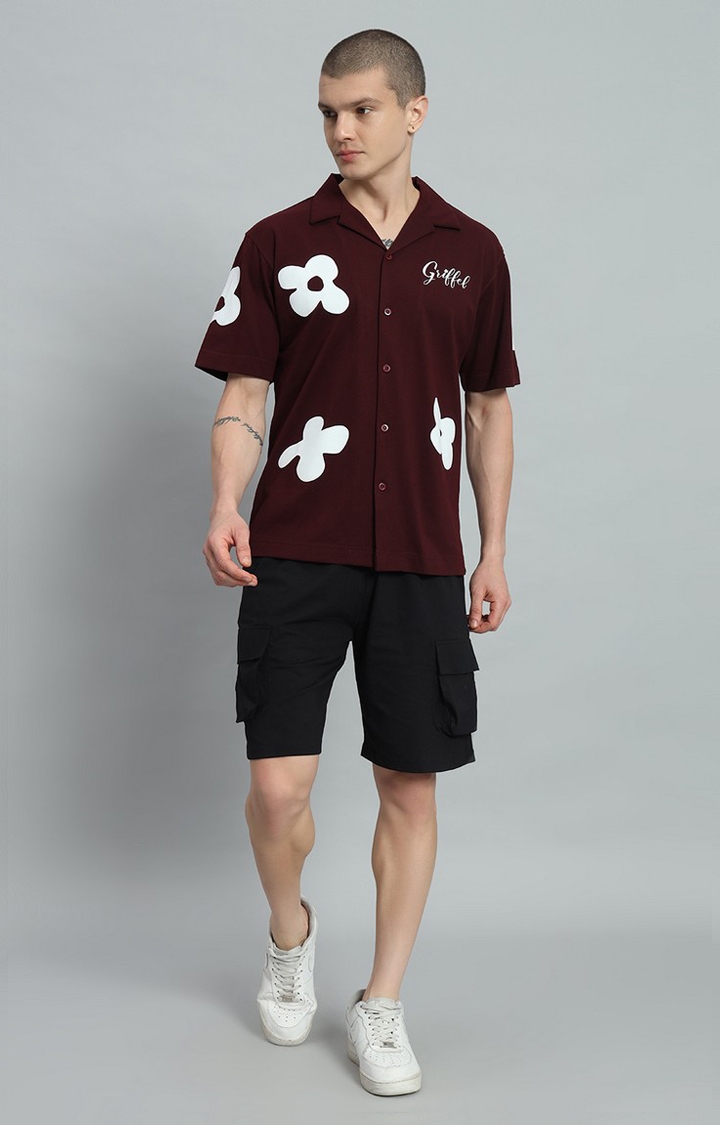 GRIFFEL | Men's Printed Bowling Maroon Shirt and Shorts Set