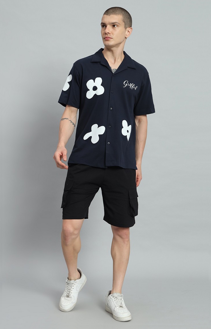 GRIFFEL | Men's Printed Bowling Navy Shirt and Shorts Set