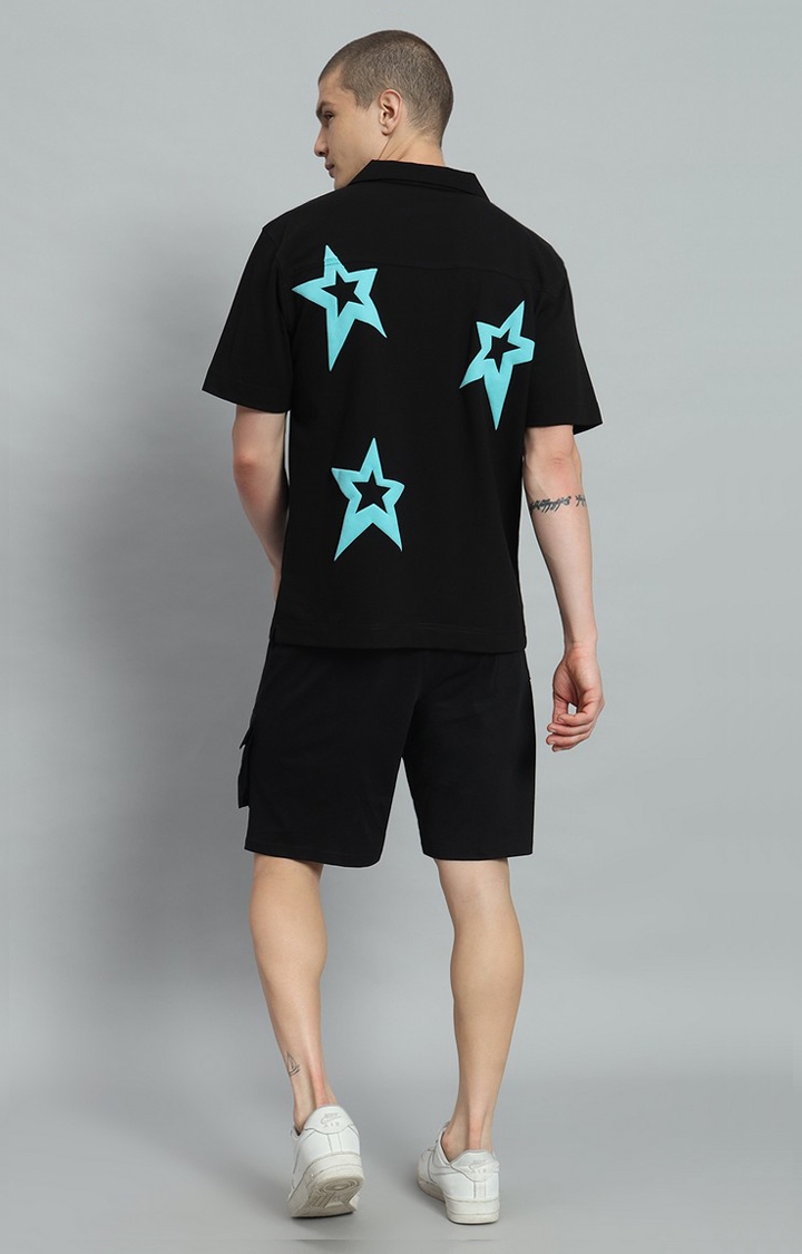 GRIFFEL | Men's Star Printed Black Bowling Shirt and Shorts Set