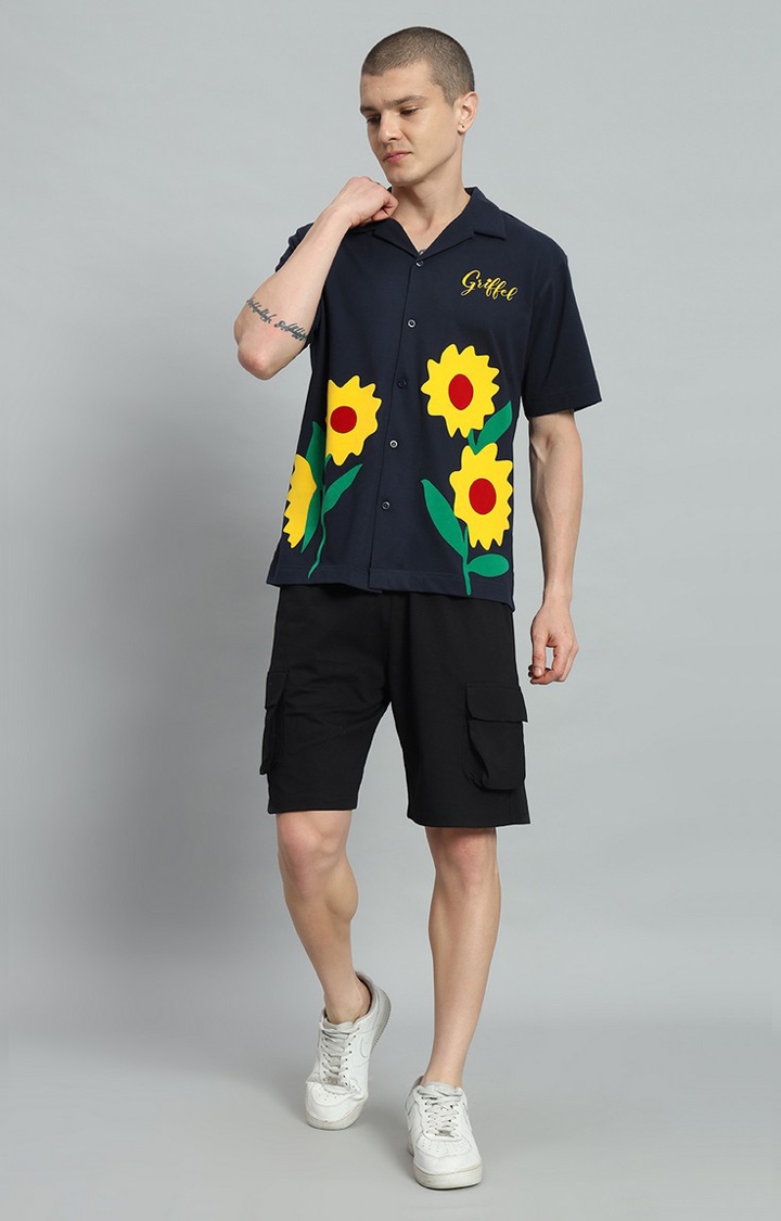 Men's Sun Flower Printed Navy Bowling Shirt and Shorts Set