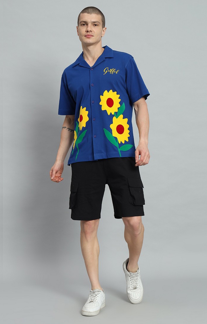 Men's Sun Flower Printed Royal Bowling Shirt and Shorts Set