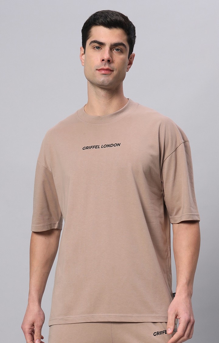 GRIFFEL | Men's Brown Cotton Loose Printed   Boxy T-Shirt s
