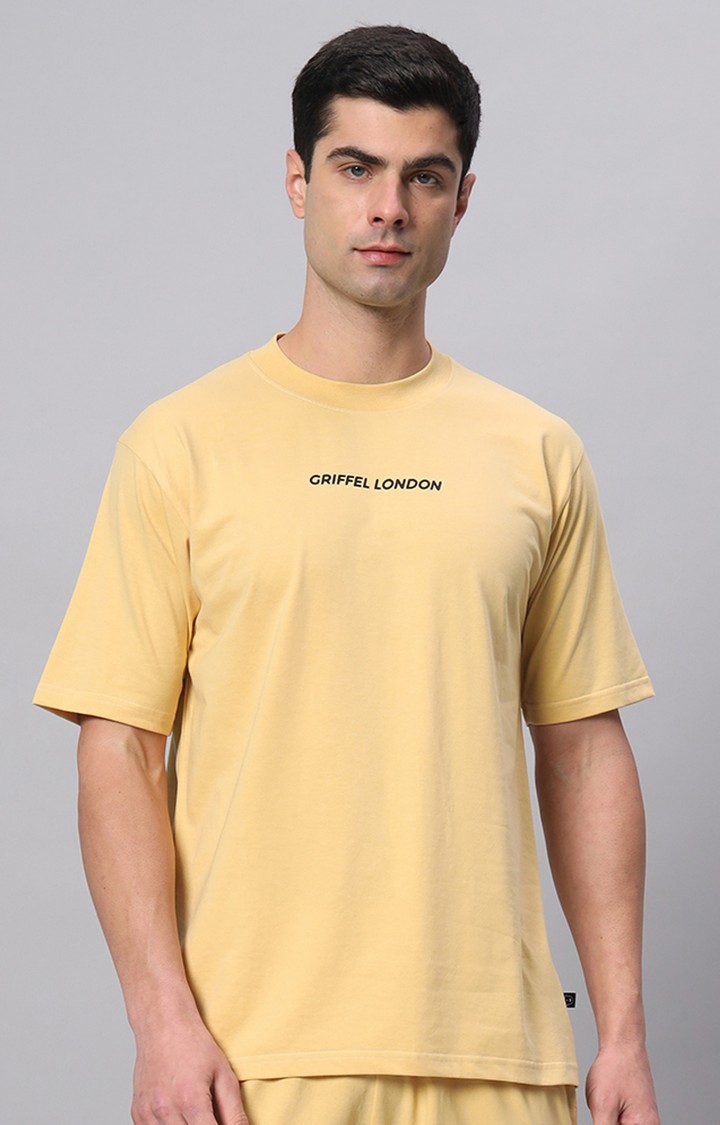 GRIFFEL | Men's Yellow Cotton Loose Printed   Activewear T-Shirts