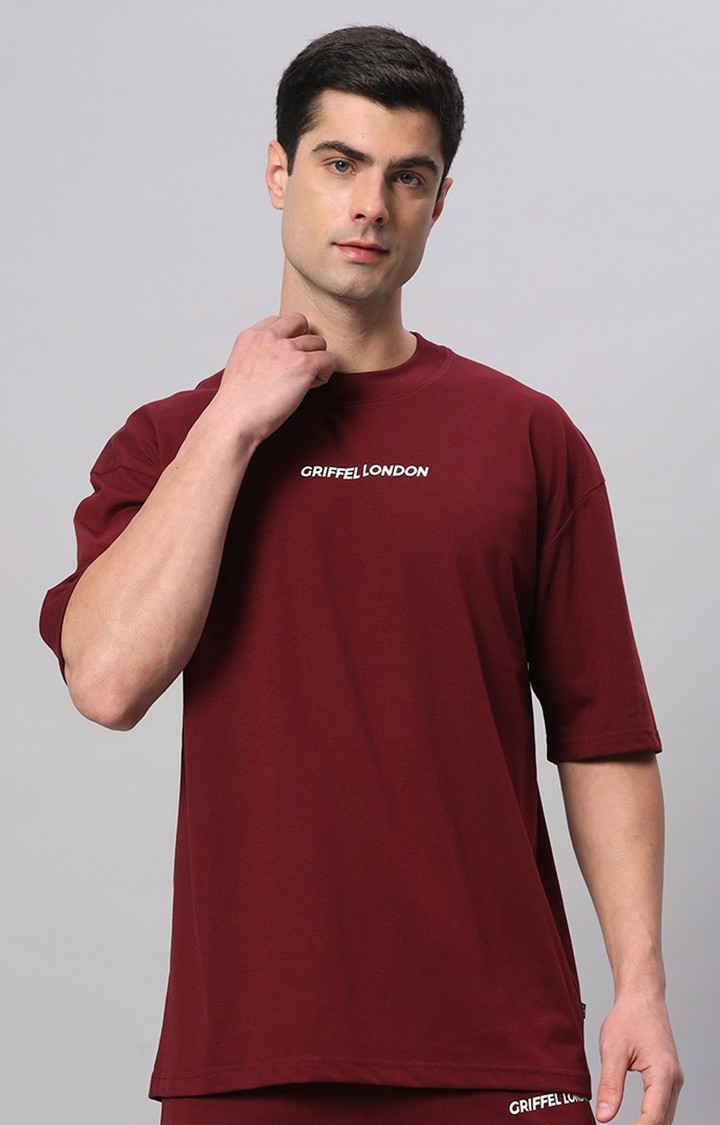 Men's Maroon Cotton Loose Printed   Activewear T-Shirts