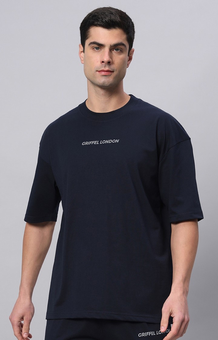 Men's Navy  Cotton Loose Printed   Boxy T-Shirt s