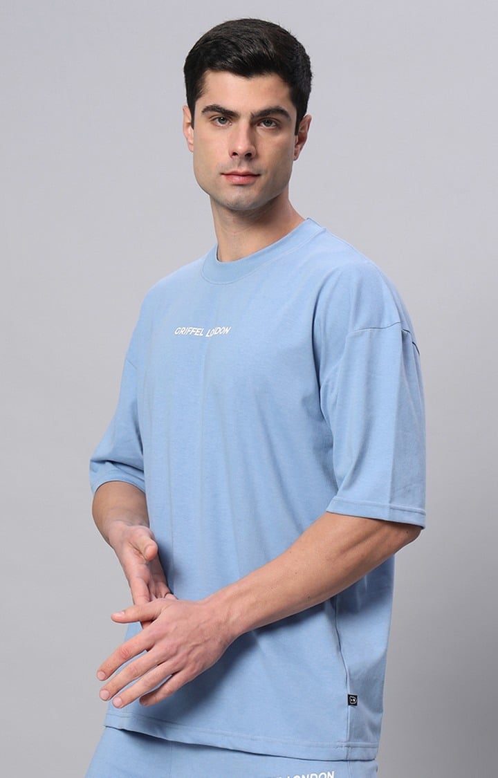 Men's Blue Printed Boxy T-Shirt