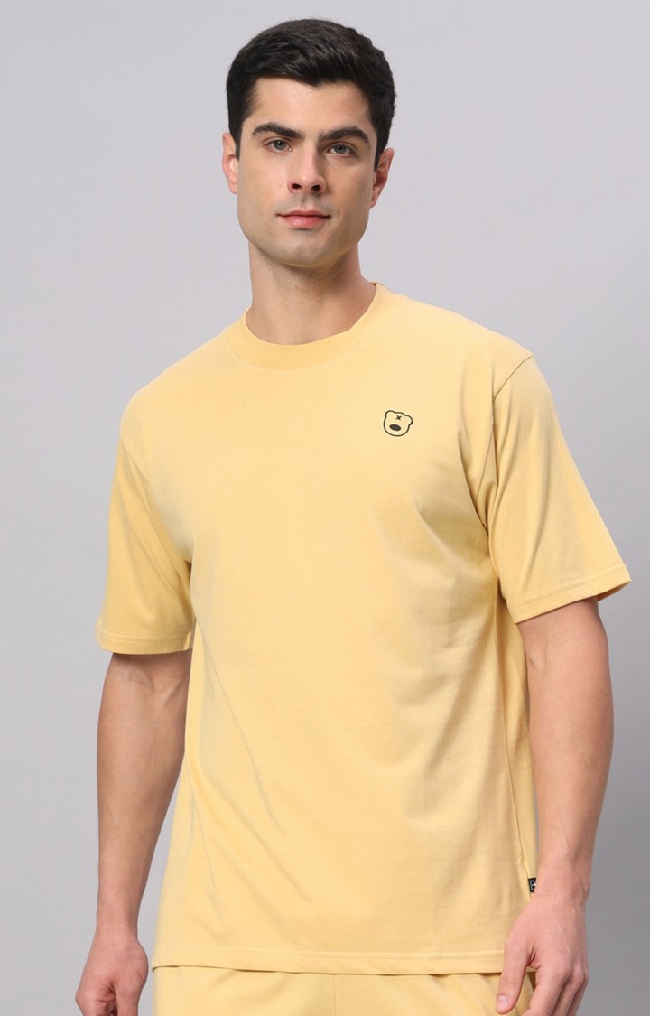 Men's Yellow Cotton Loose Printed   Activewear T-Shirts