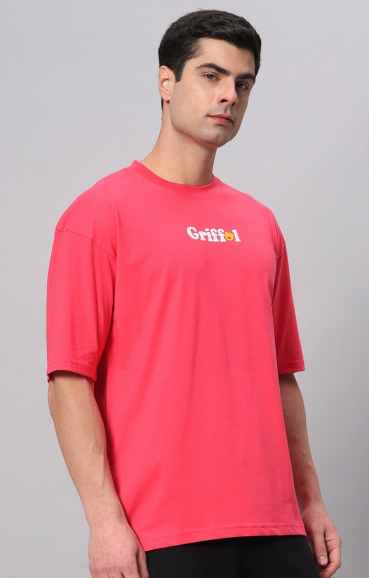 Men's Pink Cotton Loose Printed   Boxy T-Shirt s