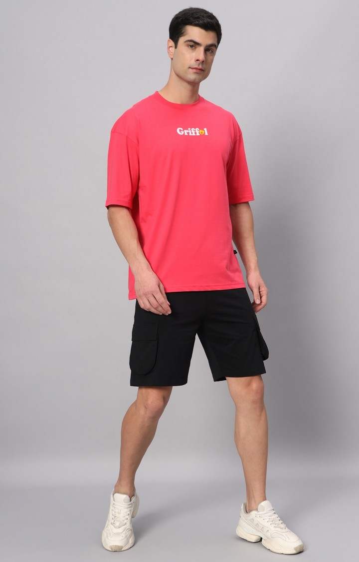 Men's Pink Cotton Loose Printed   Boxy T-Shirt s