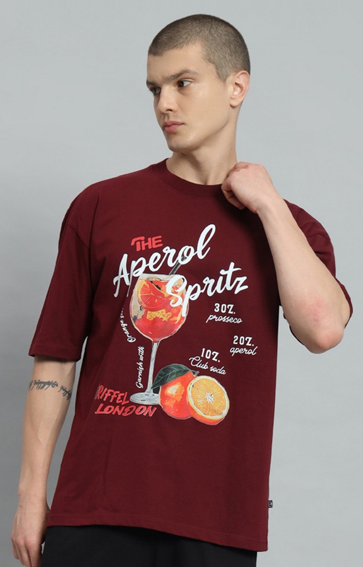 Men's Maroon Printed Oversized T-Shirts