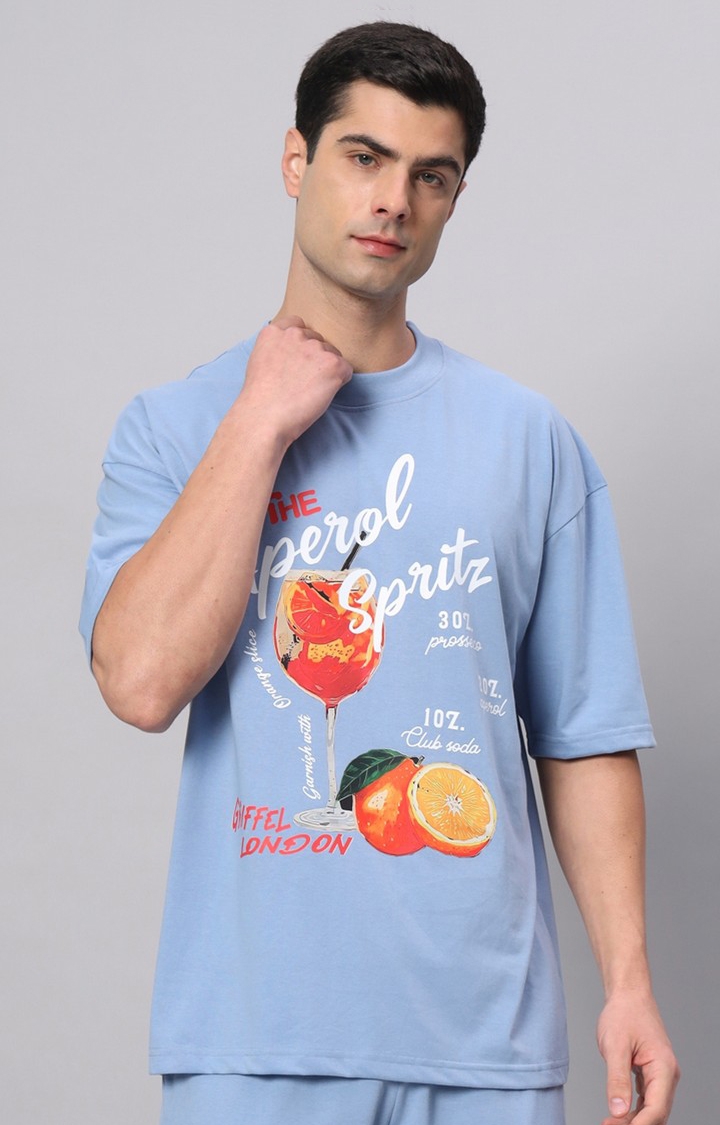 Men's Blue Cotton Loose Printed   Boxy T-Shirt s