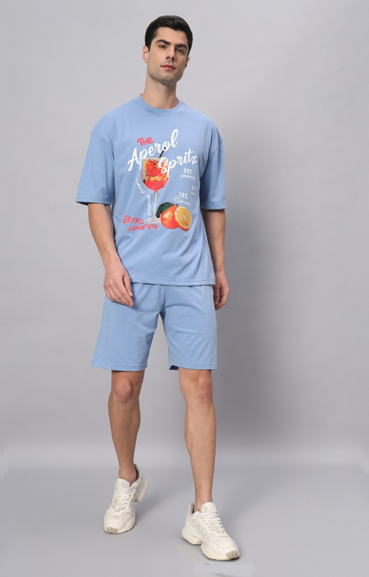 Men's Blue Printed Boxy T-Shirt