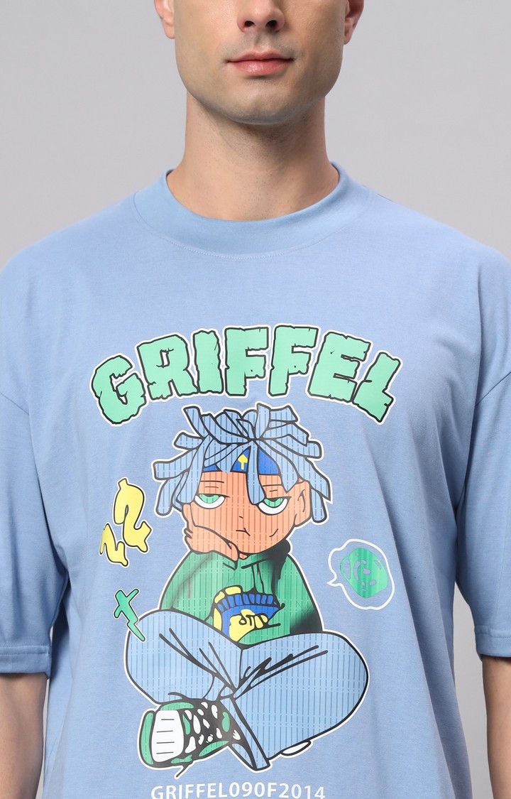 Men's Blue Printed Boxy T-Shirt