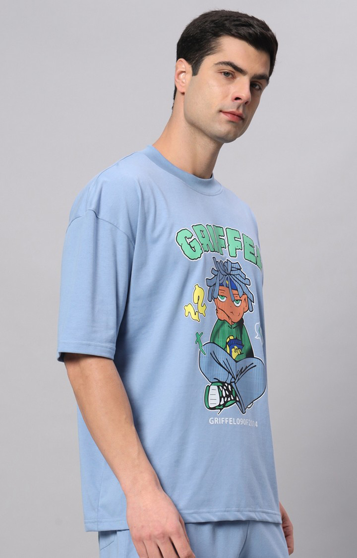 Men's Blue Printed Boxy T-Shirt
