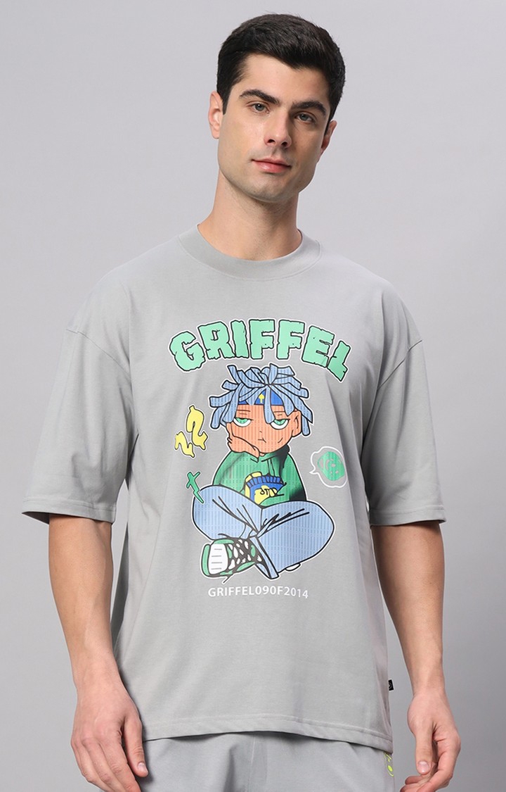 GRIFFEL | Men's Grey Cotton Loose Printed   Boxy T-Shirt s