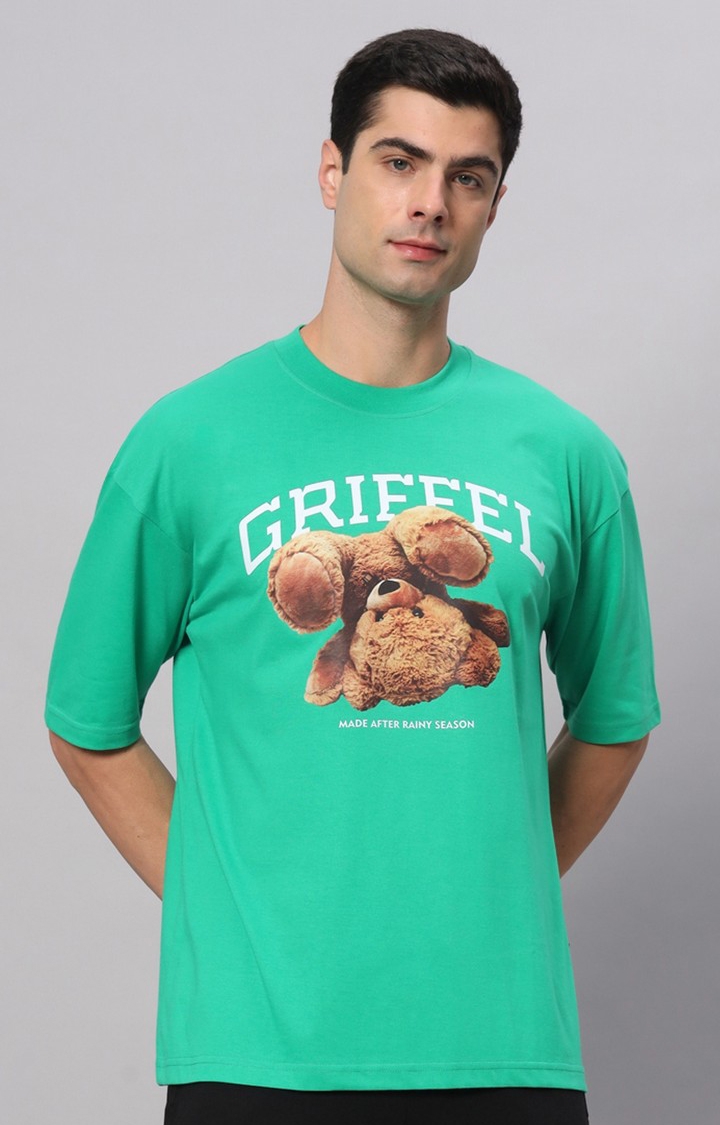 GRIFFEL | Men's Green Cotton Loose Printed   Boxy T-Shirt s