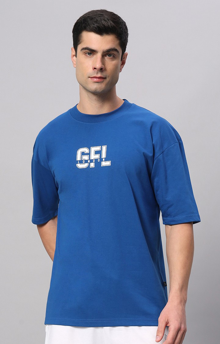 Men's Blue Printed Boxy T-Shirt